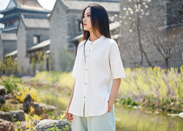 Simple Pure Color Linen and Cotton Women Short Sleeve Cardigan Blouses