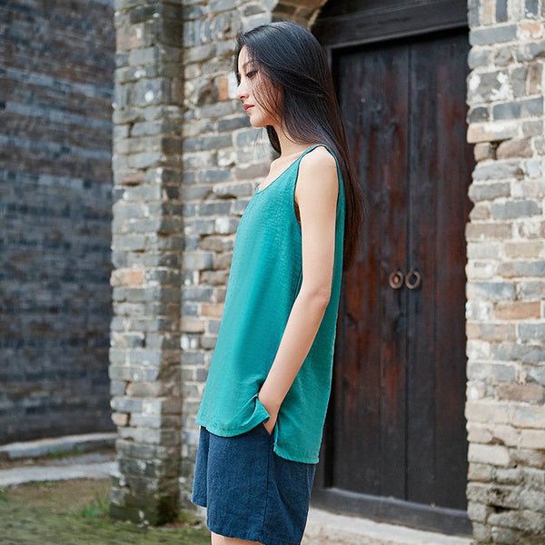 Simple Loose Style Women Pure Color Women Linen and Cotton Tank