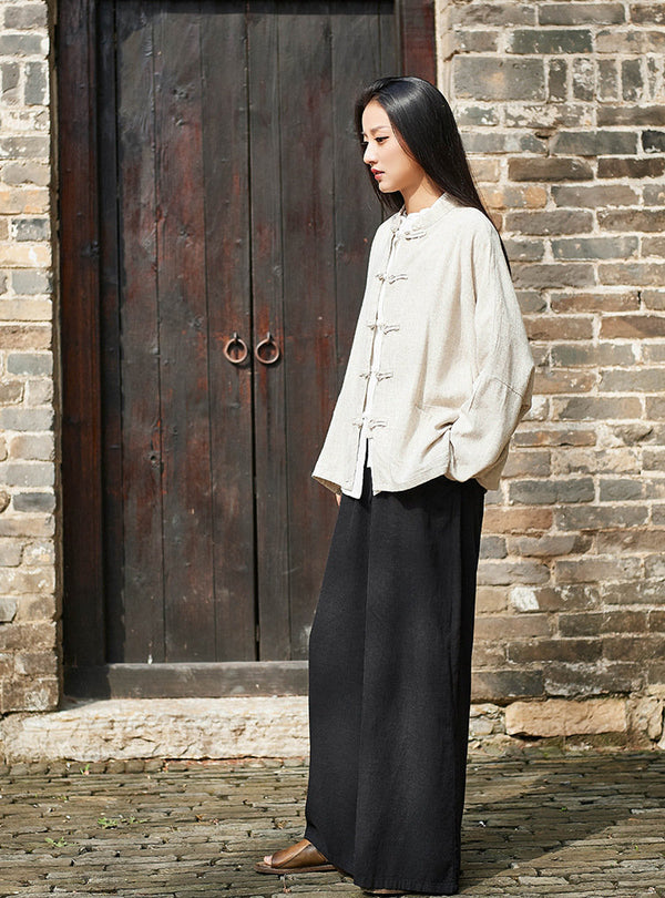 Retro Asian Style Linen and Cotton Long Sleeve Women Cardigan Blouses