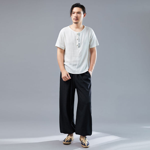 Men Asian Style Linen and Cotton Round-neck Short Sleeved T-shirt