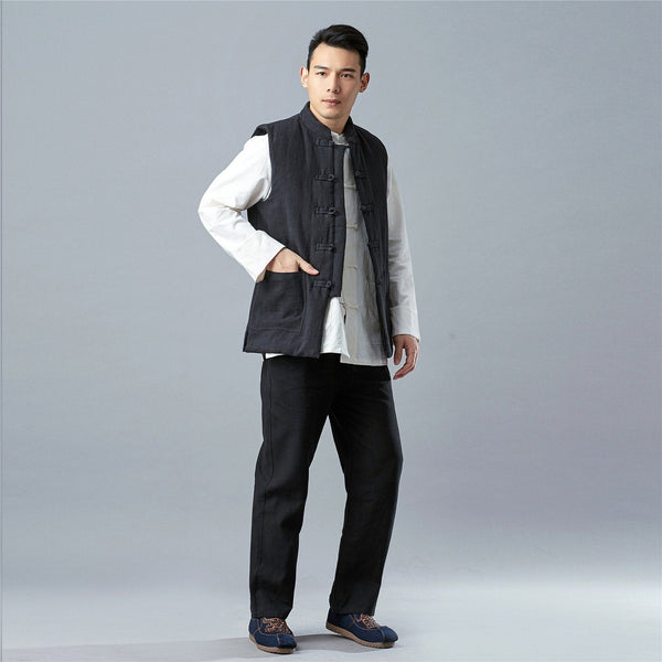 Men Asian Style Water-washed Pure Color Linen and Cotton Vest