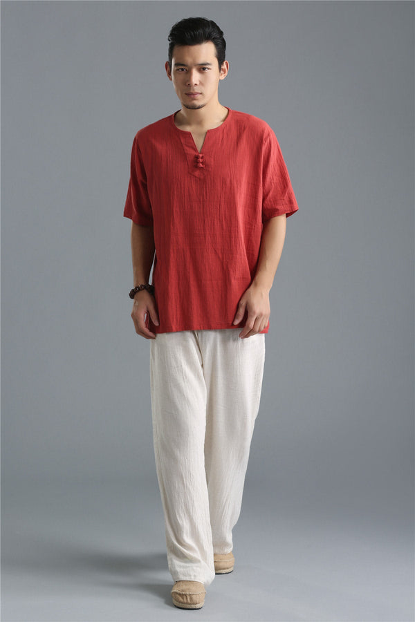 Men Pure Color Simple Linen and Cotton V-neck Short Sleeved T-shirt Tops