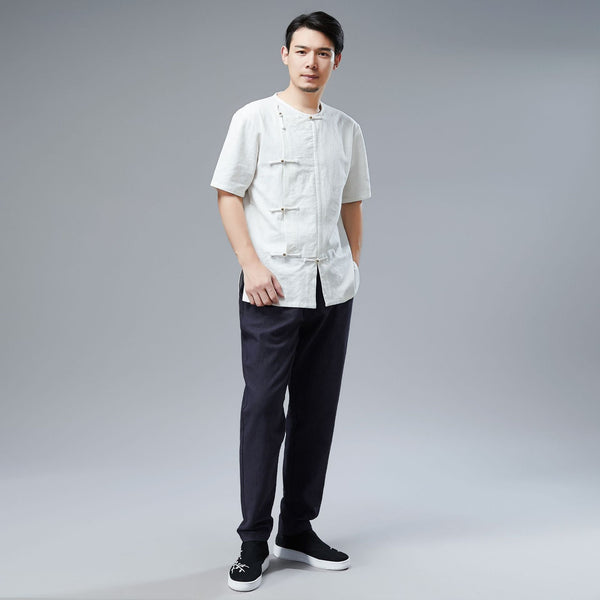 Men Retro Asian Style Water-washed Linen and Cotton Short Sleeved T-shirt Tops