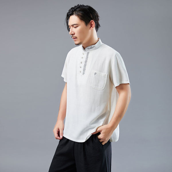 Men Asian Style Sand-Washed Short Sleeved T-shirt with Pocket Tops