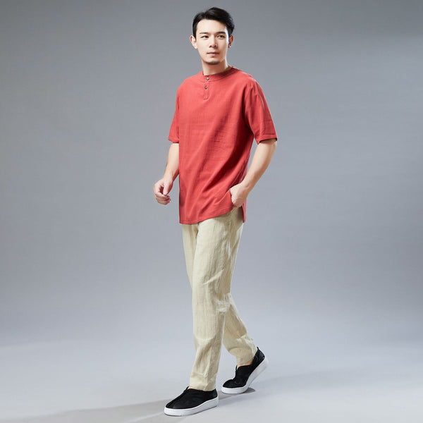 Men Simple Style Casual Light Soft Linen and Cotton Round-Neck Short Sleeved T-shirt Tops