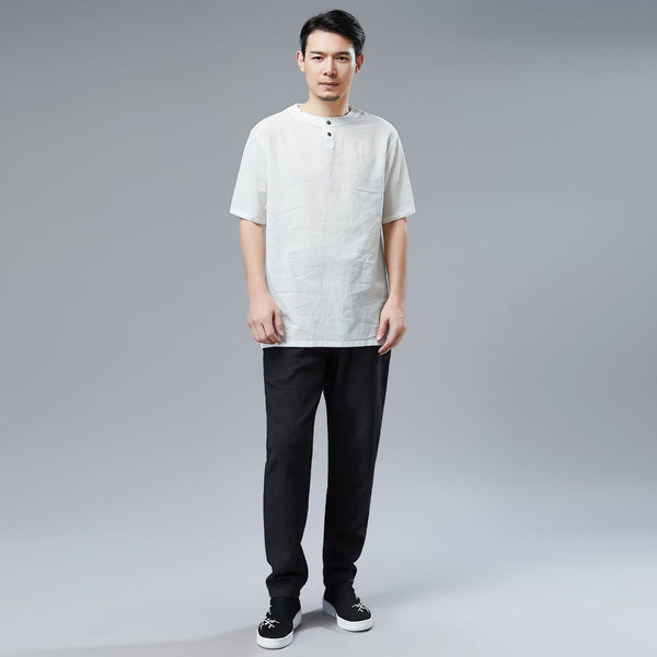 Men Simple Style Casual Light Soft Linen and Cotton Round-Neck Short Sleeved T-shirt Tops