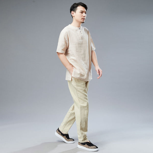 Men Simple Style Casual Light Soft Linen and Cotton Round-Neck Short Sleeved T-shirt Tops