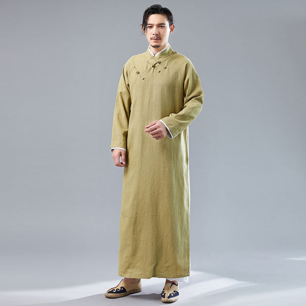 Men Modern Retro Asian Style Linen and Cotton Long Sleeved Cheongsam Long Shirts