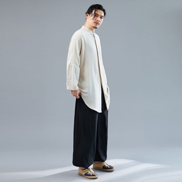 Men Tai Chi Loose Style Water-washed Linen Long Sleeved Cardigan Long Shirts