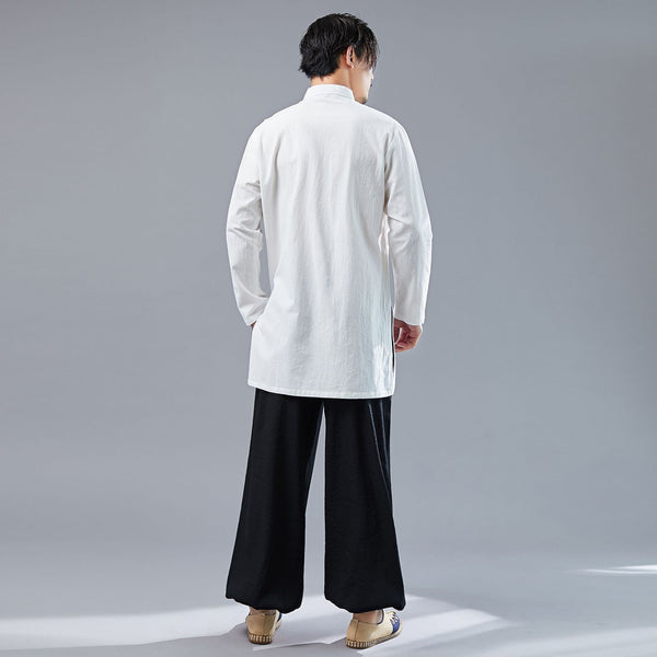 Men KungFu Style Water-washed Linen and Cotton Long Sleeved Cardigan Middle Long Shirts