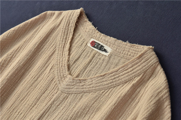 Textured Linen-Cotton Batwing Tee – V-Neck Oversized Top with Retro Chinese Aesthetic