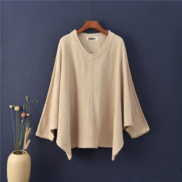 Textured Linen-Cotton Batwing Tee – V-Neck Oversized Top with Retro Chinese Aesthetic