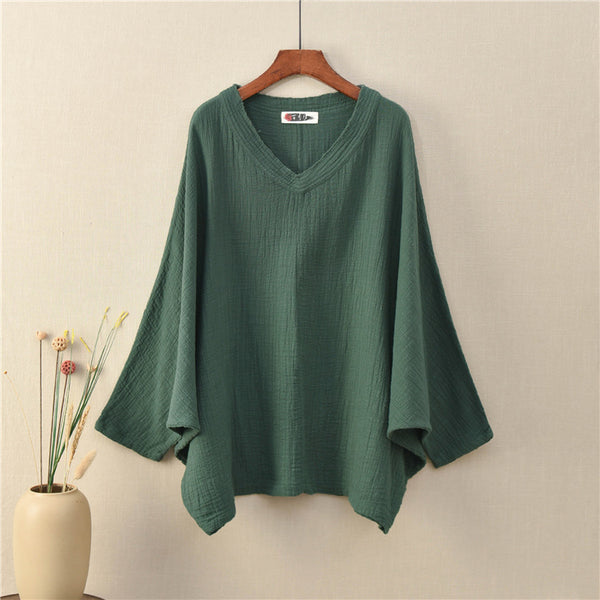 Textured Linen-Cotton Batwing Tee – V-Neck Oversized Top with Retro Chinese Aesthetic