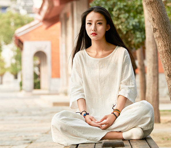 2024 Summer NEW! Women Chinese Style Linen and Cotton Rounded necked Loose Mid Sleeve T-Shirt