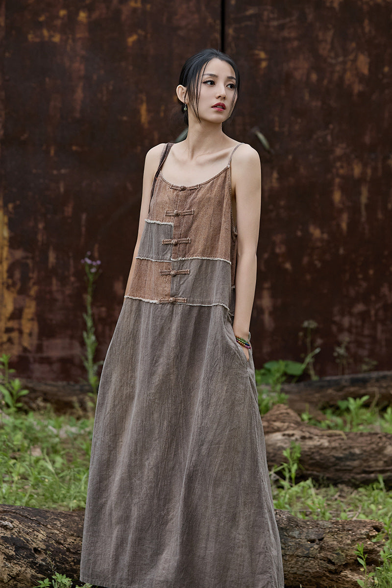 Bohemian Tie-Dye Linen Blend Maxi Slip Dress