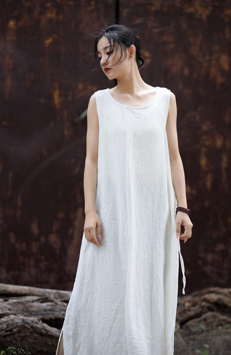 Boho Linen Blend Sleeveless Midi Dress - Casual Art Aesthetic Long Dress