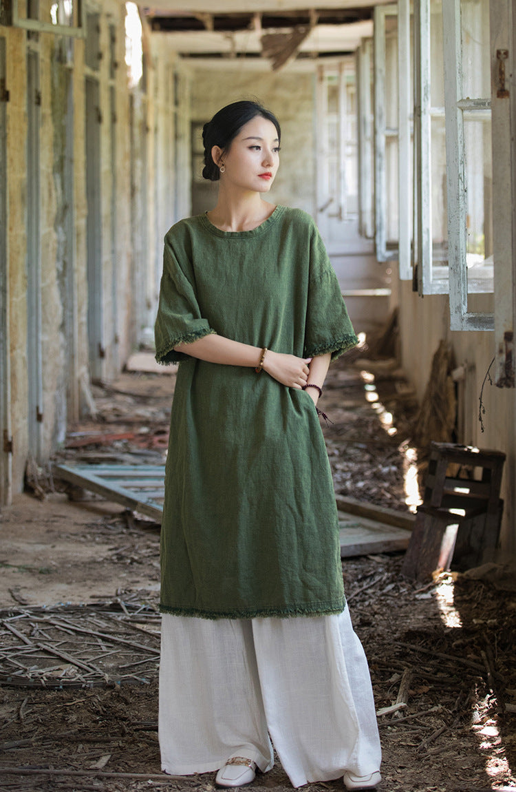 Boho Zen Ramie Cotton Midi Dress | Relaxed Fit Resort Wear