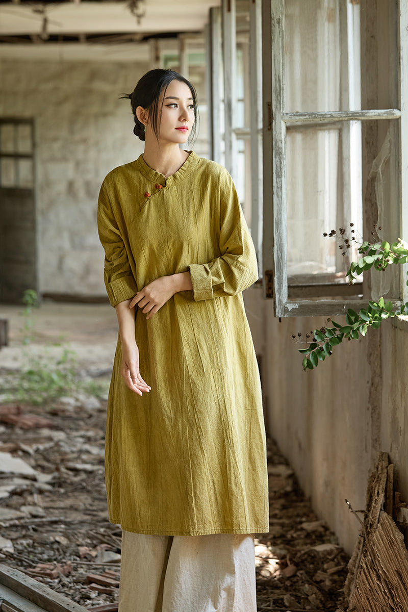 Vintage Tie-Dye Mandarin Collar Loose Midi Dress