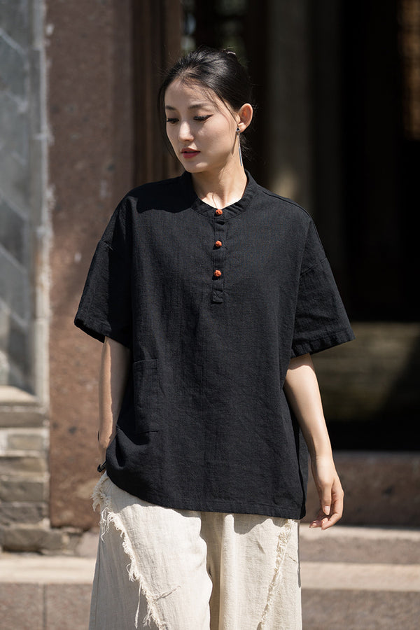 ZenBloom Linen-Blend Mandarin Collar Top – Modern Chinese Style Short-Sleeve T-Shirt