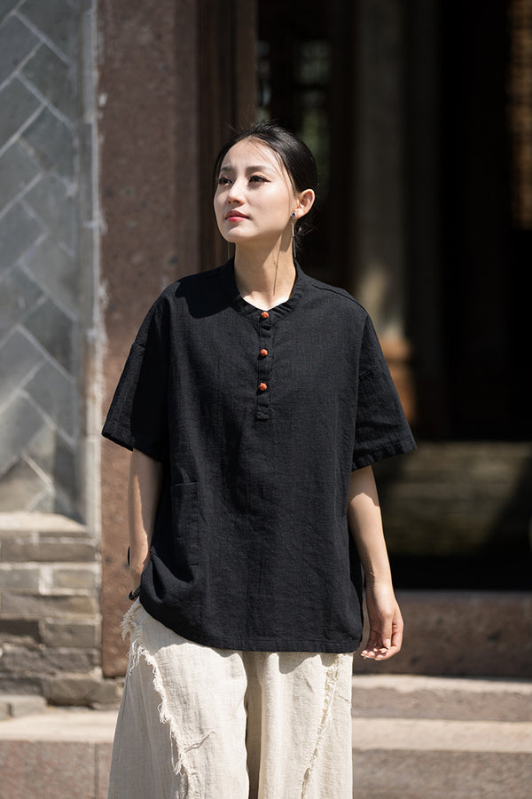 ZenBloom Linen-Blend Mandarin Collar Top – Modern Chinese Style Short-Sleeve T-Shirt
