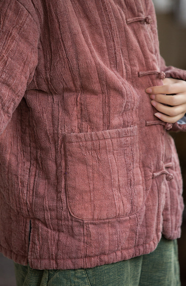 2024 Winter NEW! Asian Casual Style Women Wrinkles Linen and Cotton Short Quilted Long-sleeved Coat