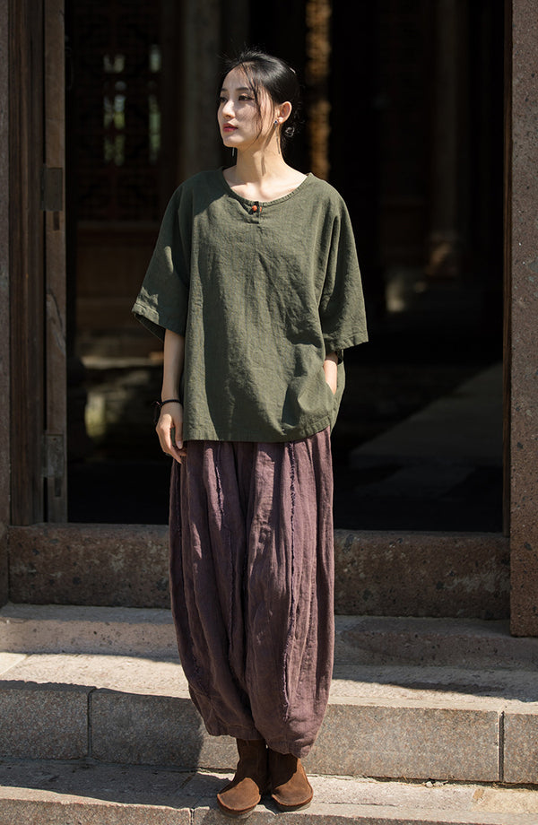 ZenLinen Mandarin Collar Tee – Breathable Cotton-Linen Short Sleeve Top