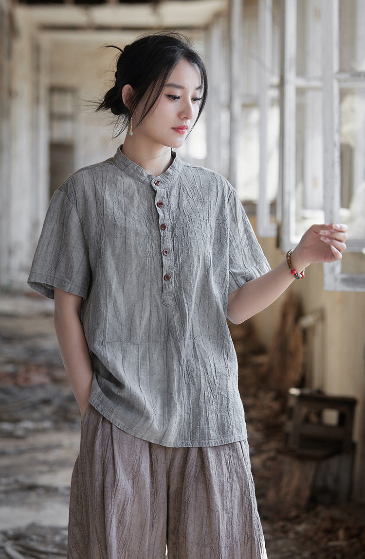 Vintage Washed Ramie Tee – Lightweight Short Sleeve Top with Artisan Dye Effect