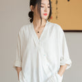 Zen Linen Tee – Oversized V-Neck 3/4 Sleeve Top with Hanfu-Inspired Silhouette