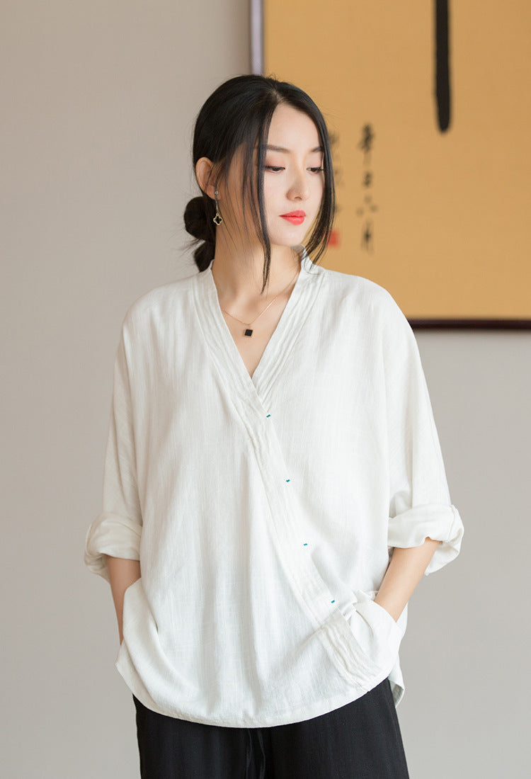 Zen Linen Tee – Oversized V-Neck 3/4 Sleeve Top with Hanfu-Inspired Silhouette