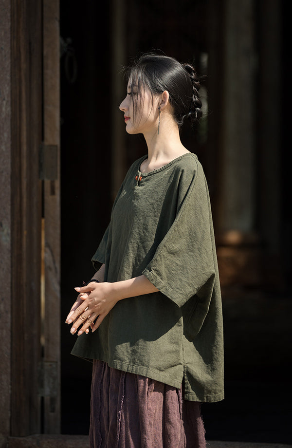 ZenLinen Mandarin Collar Tee – Breathable Cotton-Linen Short Sleeve Top
