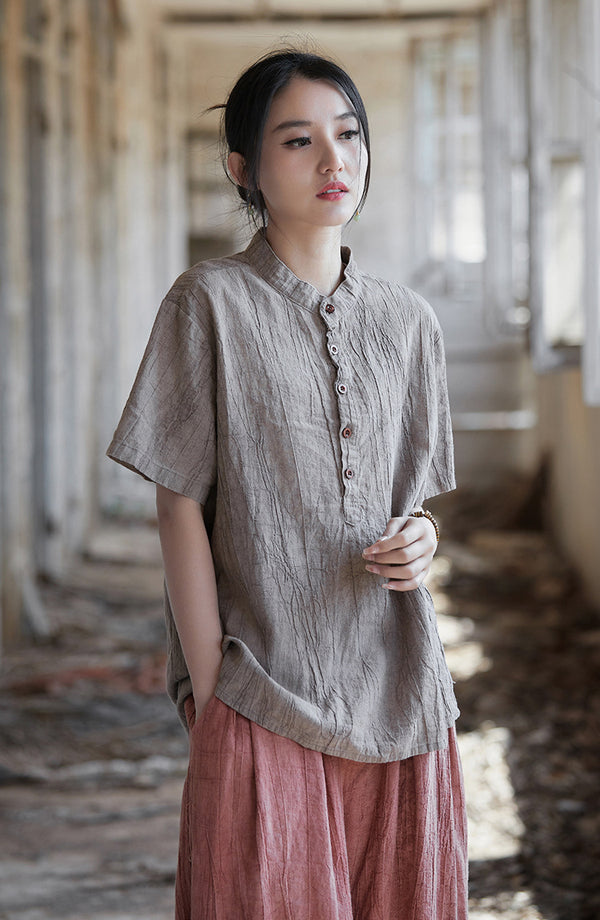 Vintage Washed Ramie Tee – Lightweight Short Sleeve Top with Artisan Dye Effect