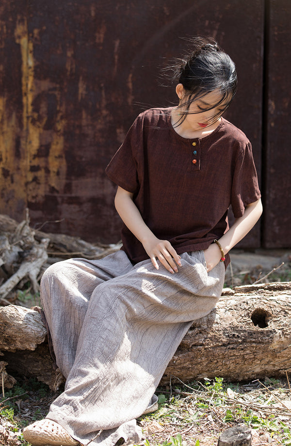 Vintage Washed Cotton-Linen Tee – Retro Print Short Sleeve Top with Mandarin Collar