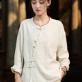 Zen Ramie Long Sleeve Top – Mandarin Collar Shirt with Pankou Buttons & Asymmetrical Hem