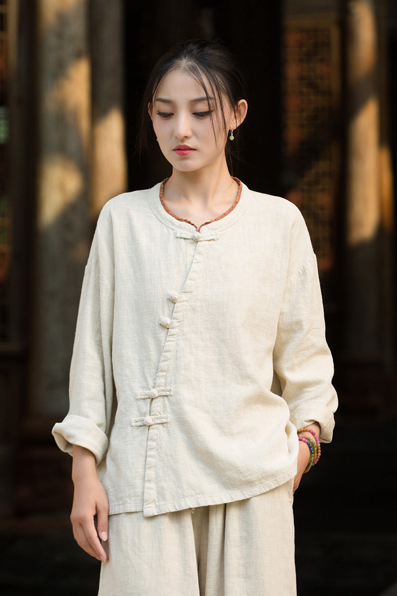 Zen Ramie Long Sleeve Top – Mandarin Collar Shirt with Pankou Buttons & Asymmetrical Hem