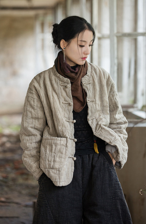 2024 Winter NEW! Asian Casual Style Women Wrinkles Linen and Cotton Short Quilted Long-sleeved Coat