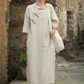 Neo-Chinese Vintage Ramie Contrast Frog Button Long Dress