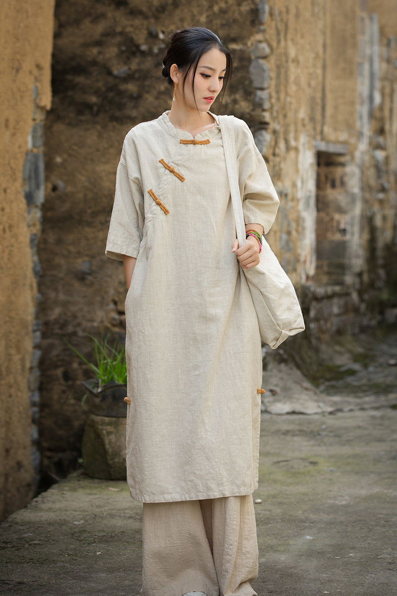 Neo-Chinese Vintage Ramie Contrast Frog Button Long Dress