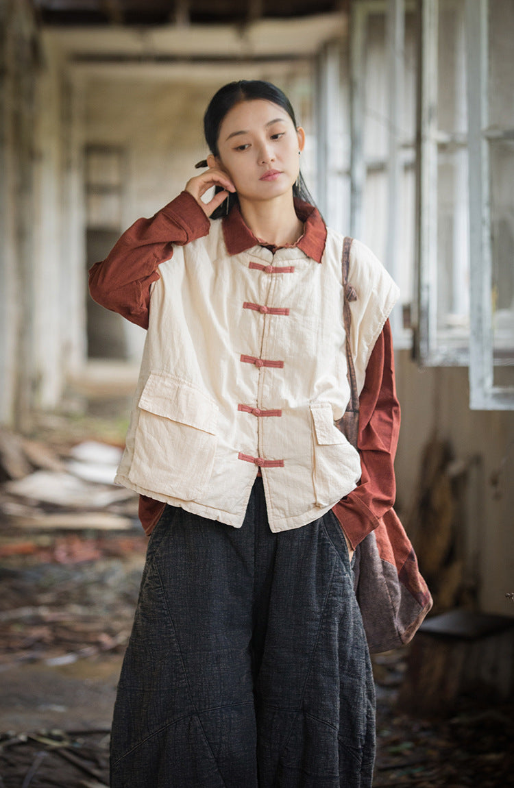 Winter NEW! Asian Style Women Linen and Cotton Quilted Vest