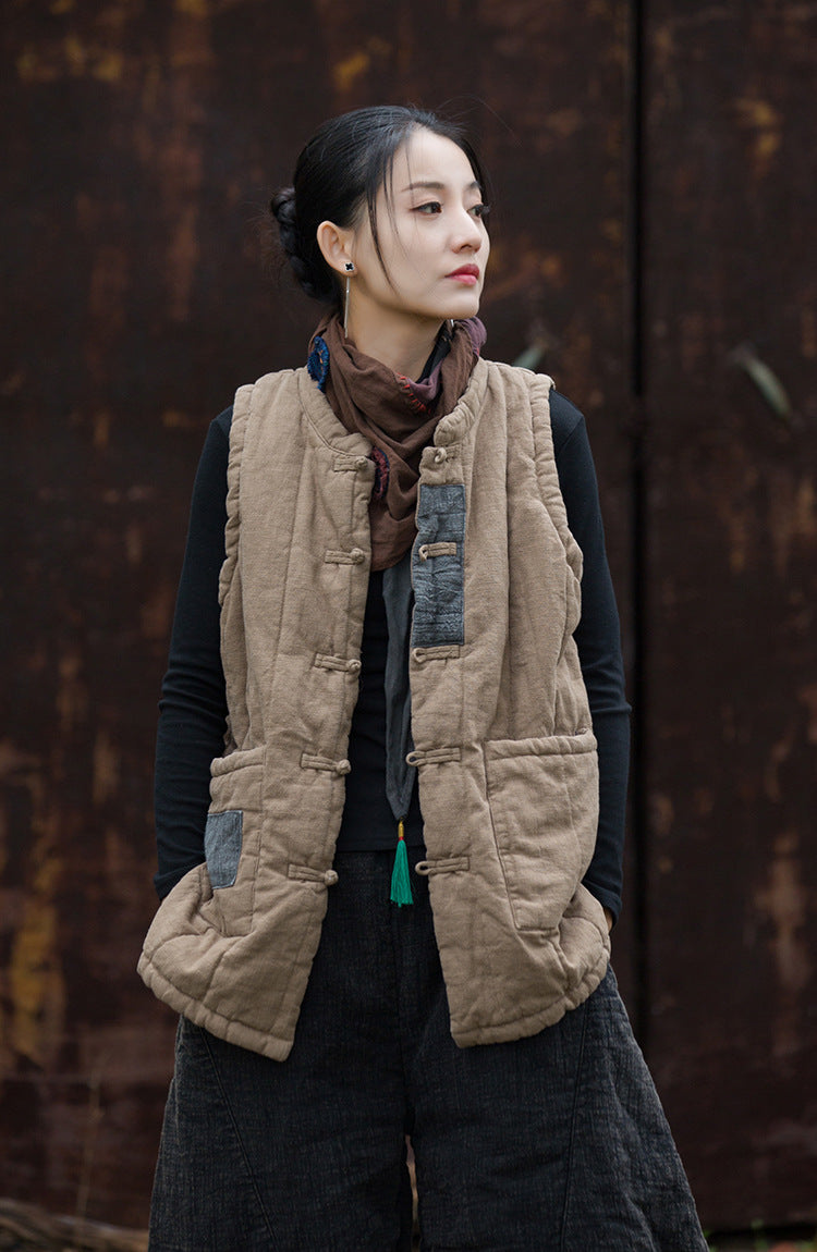 Winter NEW! Casual Style Women Linen and Cotton Quilted Vest