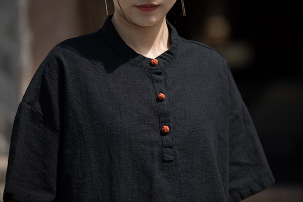 ZenBloom Linen-Blend Mandarin Collar Top – Modern Chinese Style Short-Sleeve T-Shirt