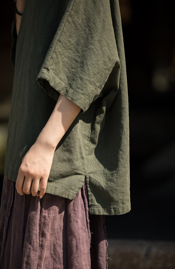 ZenLinen Mandarin Collar Tee – Breathable Cotton-Linen Short Sleeve Top