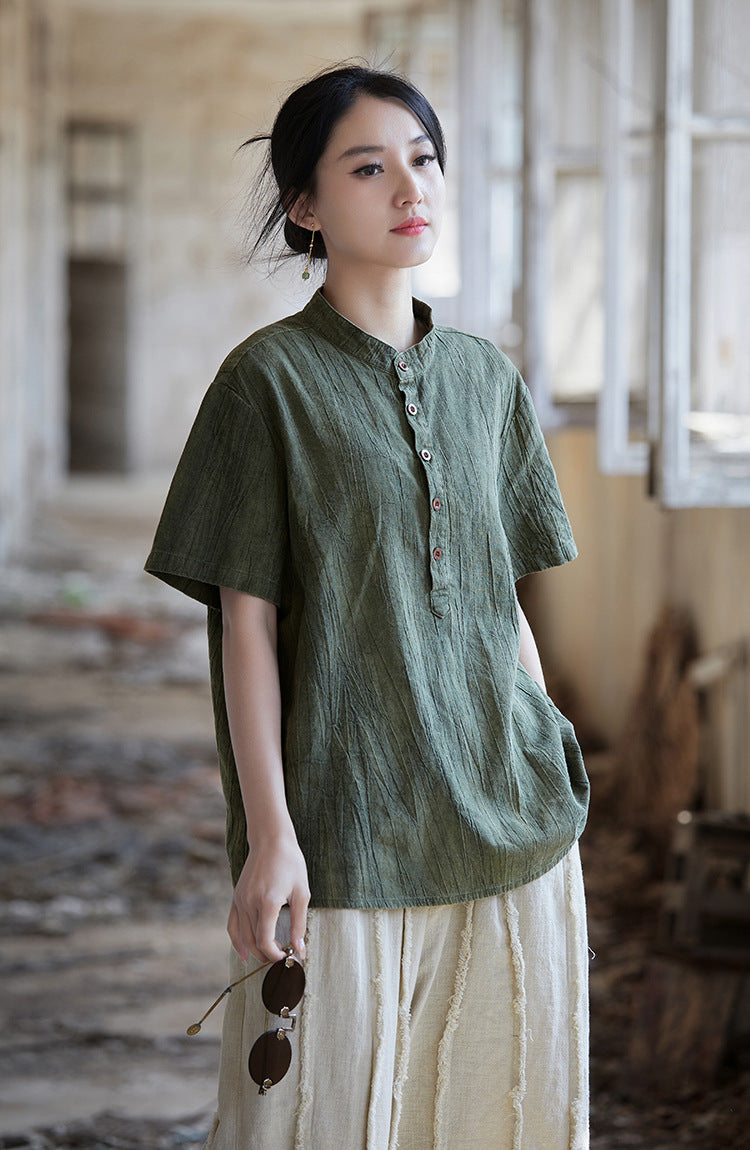 Vintage Washed Ramie Tee – Lightweight Short Sleeve Top with Artisan Dye Effect