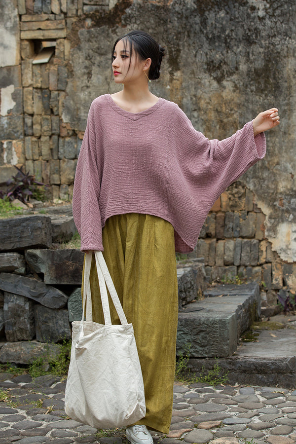 Textured Linen-Cotton V-Neck Tee – Hand-Stitched Relaxed Fit Top
