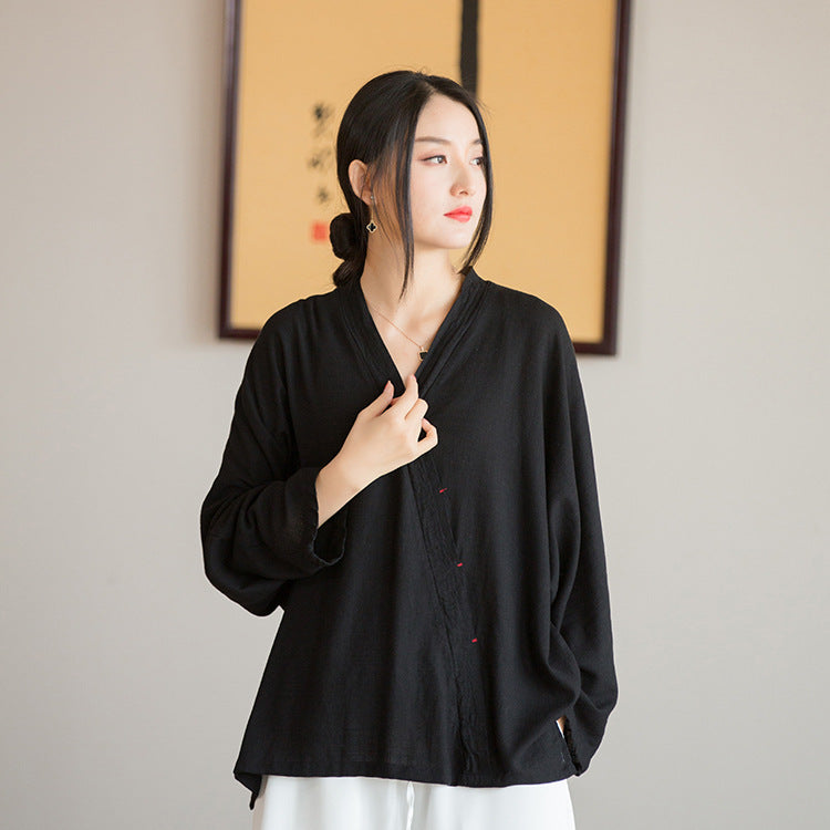 Zen Linen Tee – Oversized V-Neck 3/4 Sleeve Top with Hanfu-Inspired Silhouette