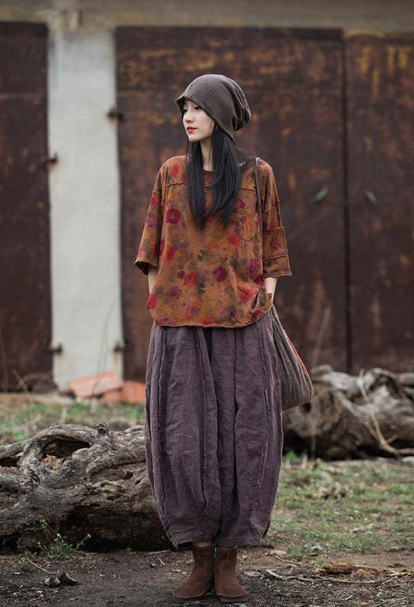 Vintage Washed Linen-Cotton Tee – Retro Digital Print Short Sleeve Top