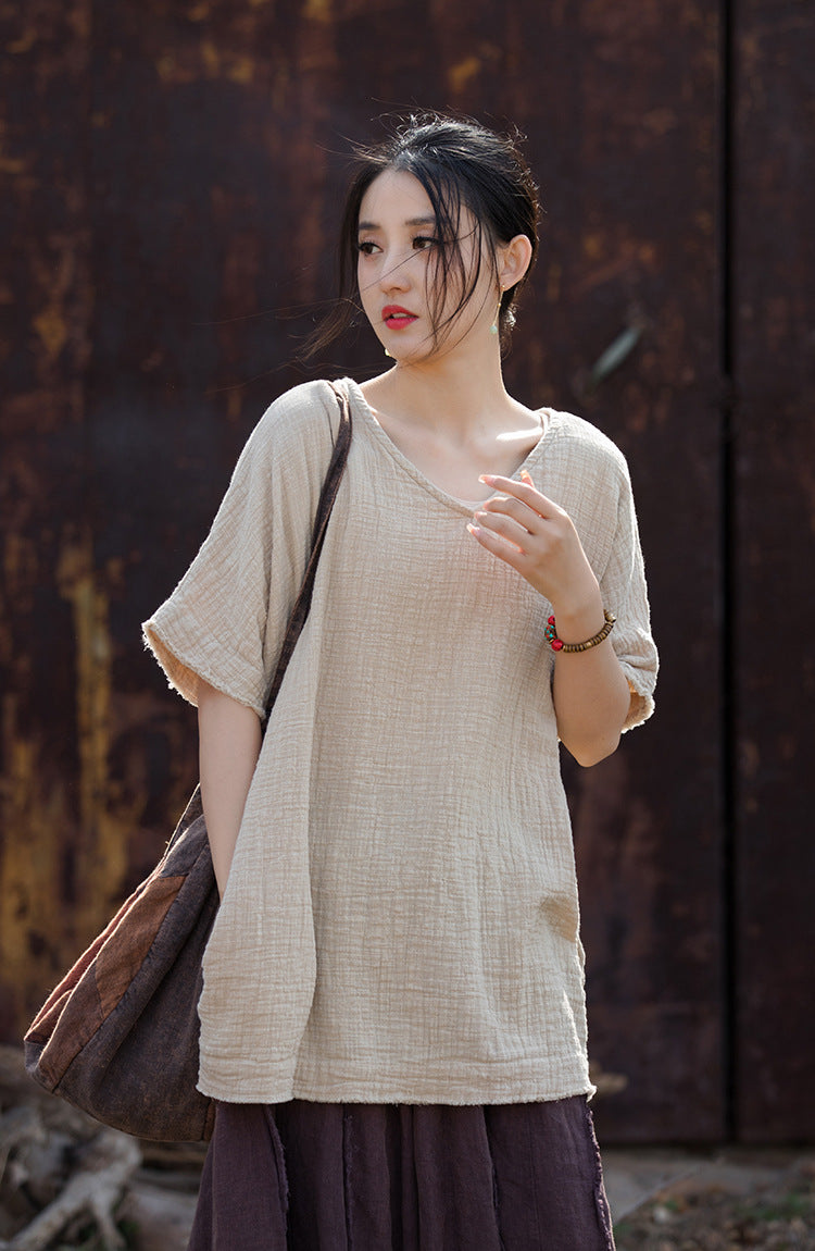 Bamboo Breeze Double-Layer Linen Tee – Textured Ramie-Cotton Short Sleeve Top