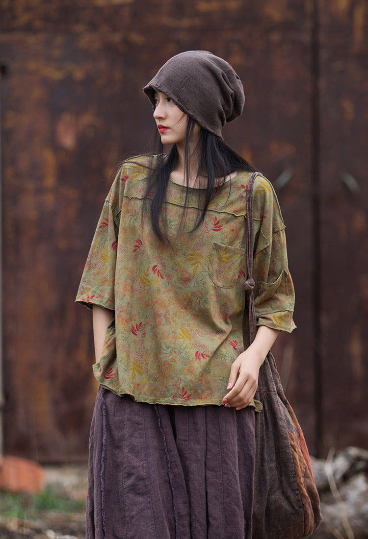 Vintage Washed Linen-Cotton Tee – Retro Digital Print Short Sleeve Top