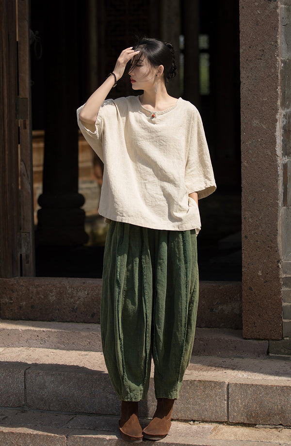 ZenLinen Mandarin Collar Tee – Breathable Cotton-Linen Short Sleeve Top