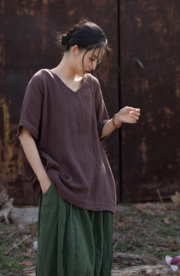 Bamboo Breeze Double-Layer Linen Tee – Textured Ramie-Cotton Short Sleeve Top