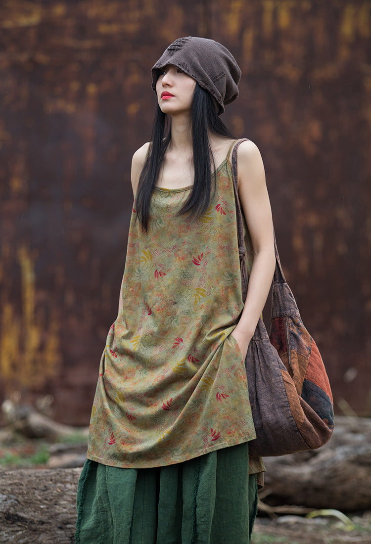 Boho Vintage Floral Cotton Camisole Midi Dress